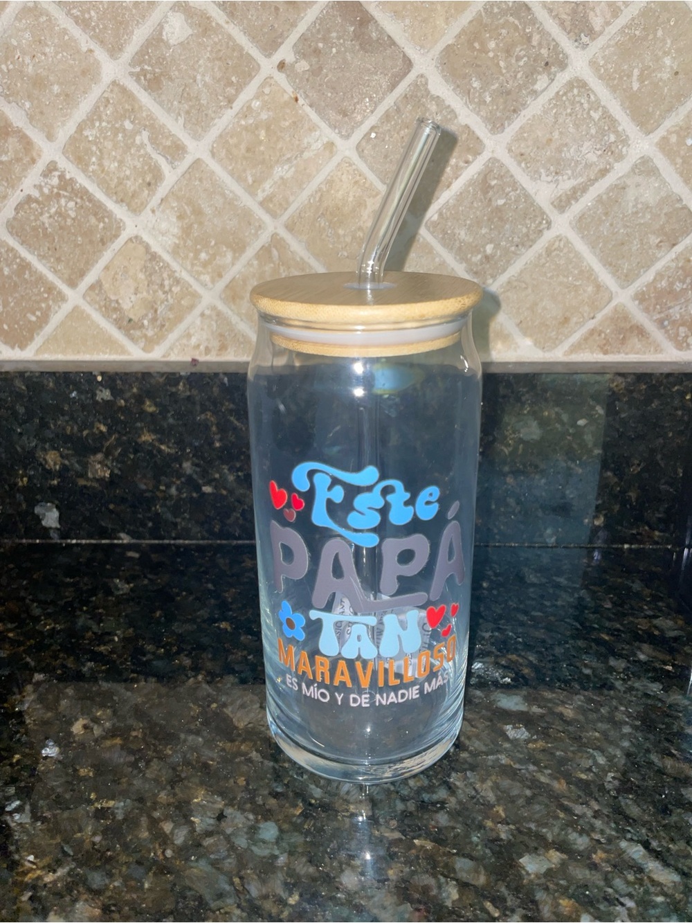 Soho Glass Drinking Jar with Bamboo Lid & Straw - Colorful "Dia Del Papa" Design